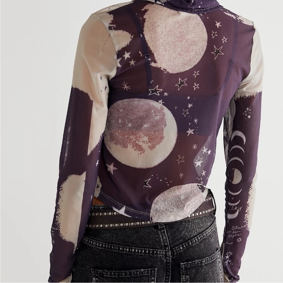 Free People On The Scene Plum Combo Moon Print Mesh Button Up Top - Picture 2 of 7